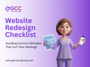 Website redesign checklist graphic by GCC Technologies highlighting common mistakes that hurt search rankings.
