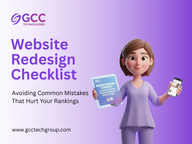 Website redesign checklist graphic by GCC Technologies highlighting common mistakes that hurt search rankings.