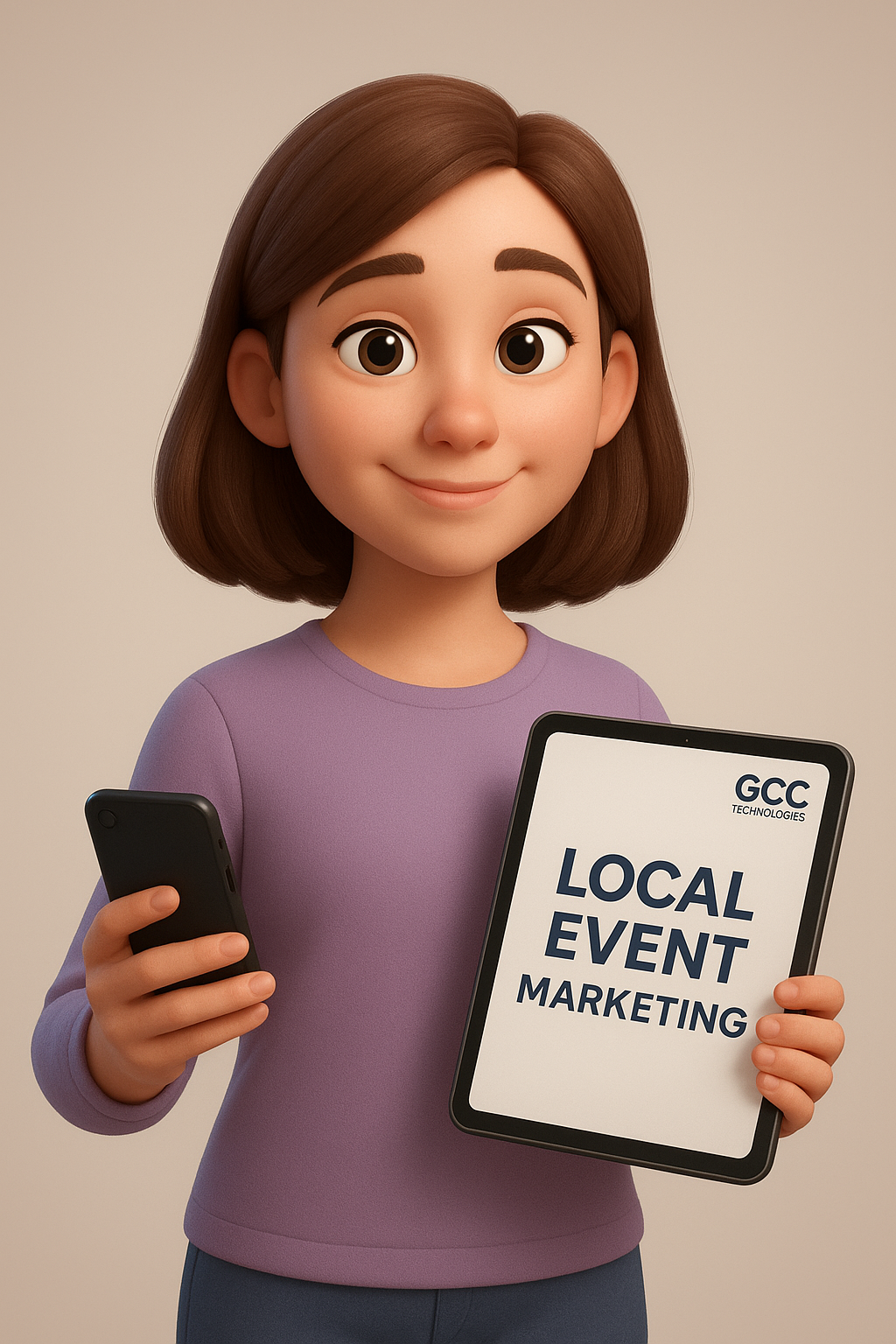 3D cartoon character holding a tablet showing “Local Event Marketing” with GCC Technologies branding, representing local promotional and event-based marketing services.