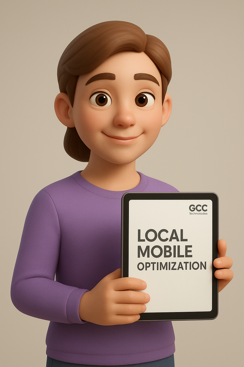 3D cartoon character holding a tablet displaying “Local Mobile Optimization” with GCC Technologies branding, representing mobile-focused local SEO services.