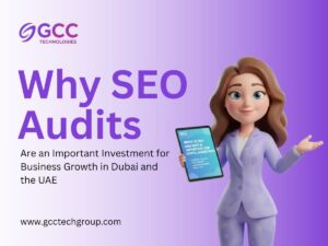 SEO Audit service in Dubai banner by GCC Technologies with 3D businesswoman promoting business growth in the UAE.