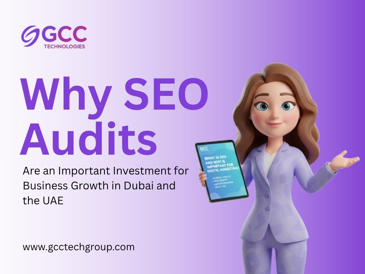 SEO Audit service in Dubai banner by GCC Technologies with 3D businesswoman promoting business growth in the UAE.