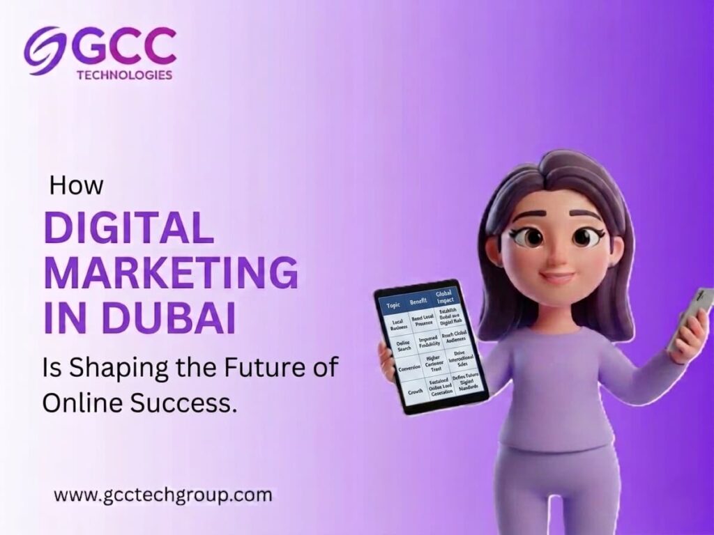 Digital marketing in Dubai promo by GCC Technologies with a 3D character holding a phone and tablet.