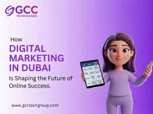 Digital marketing in Dubai promo by GCC Technologies with a 3D character holding a phone and tablet.