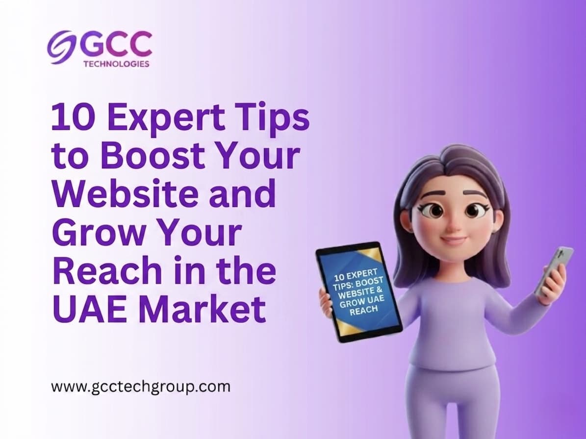 An promotional graphic titled "10 Expert Tips to Boost Your Website and Grow Your Reach in the UAE Market" features a 3D cartoon-style woman with purple hair and a matching purple outfit. She stands against a light purple and white gradient background, holding a smartphone in her left hand and a tablet in her right. The tablet screen displays a shortened version of the main headline.