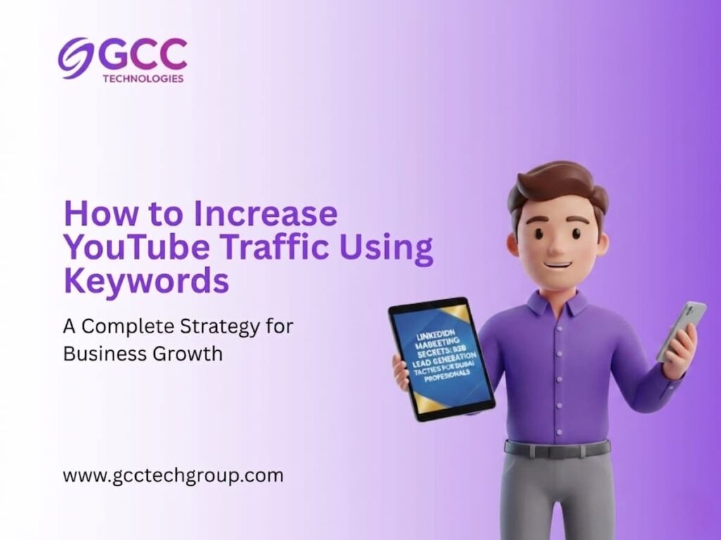 A 3D-rendered professional man in a purple button-down shirt and grey trousers, holding a tablet displaying a presentation titled 'LinkedIn Marketing Secrets: B2B Lead Generation Tactics for Dubai Professionals.' In his other hand, he holds a smartphone. The background features a purple gradient with the GCC Technologies logo and large text reading 'How to Increase YouTube Traffic Using Keywords: A Complete Strategy for Business Growth.' The image serves as a guide for YouTube advertising in Dubai, emphasizing strategic keyword use for regional digital marketing success.