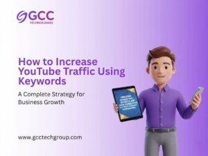 A 3D-rendered professional man in a purple button-down shirt and grey trousers, holding a tablet displaying a presentation titled 'LinkedIn Marketing Secrets: B2B Lead Generation Tactics for Dubai Professionals.' In his other hand, he holds a smartphone. The background features a purple gradient with the GCC Technologies logo and large text reading 'How to Increase YouTube Traffic Using Keywords: A Complete Strategy for Business Growth.' The image serves as a guide for YouTube advertising in Dubai, emphasizing strategic keyword use for regional digital marketing success.