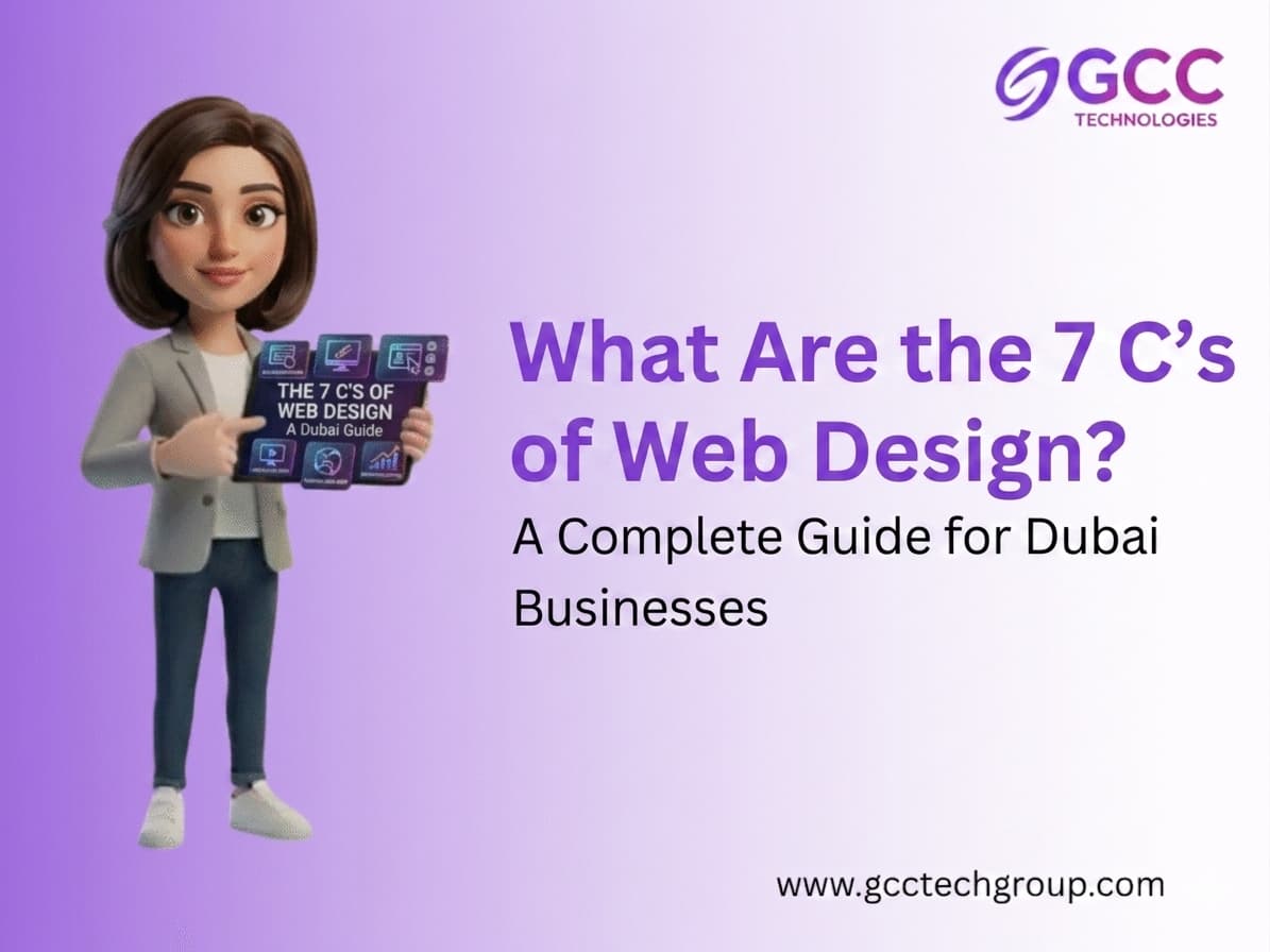 A professional marketing graphic for GCC Technologies featuring a 3D cartoon businesswoman in a grey blazer and jeans against a light purple background. She points to a digital tablet displaying icons and the text 'The 7 C's of Web Design: A Dubai Guide'. Next to her, large bold text reads, 'What Are the 7 C's of Web Design? A Complete Guide for Dubai Businesses'. The GCC Technologies logo is in the top-right corner.
