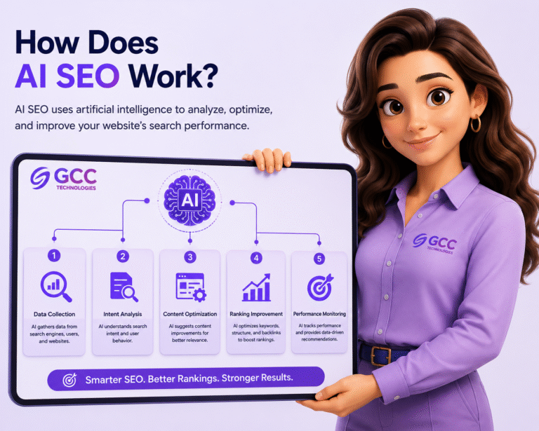 digital marketing expert explaining how AI SEO works using analytics, search optimization, and AI-powered strategies with GCC Technologies branding.