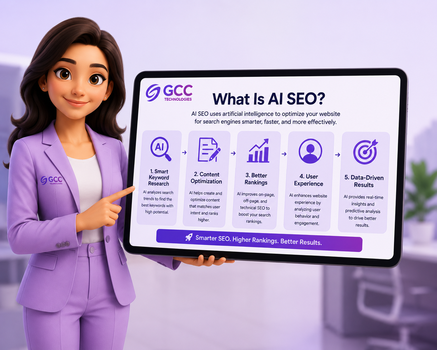 3D semi-realistic cartoon illustration explaining "What Is AI SEO?" featuring a friendly digital marketing character using a tablet with AI-powered SEO analytics, search engine icons, graphs, and data visualization. GCC Technologies branding appears on the screen, representing AI-driven search optimization and digital marketing solutions.