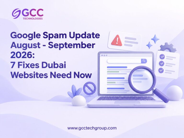 Infographic titled “Google Spam Update – August–September 2026,” with a magnifying glass and search interface illustration.