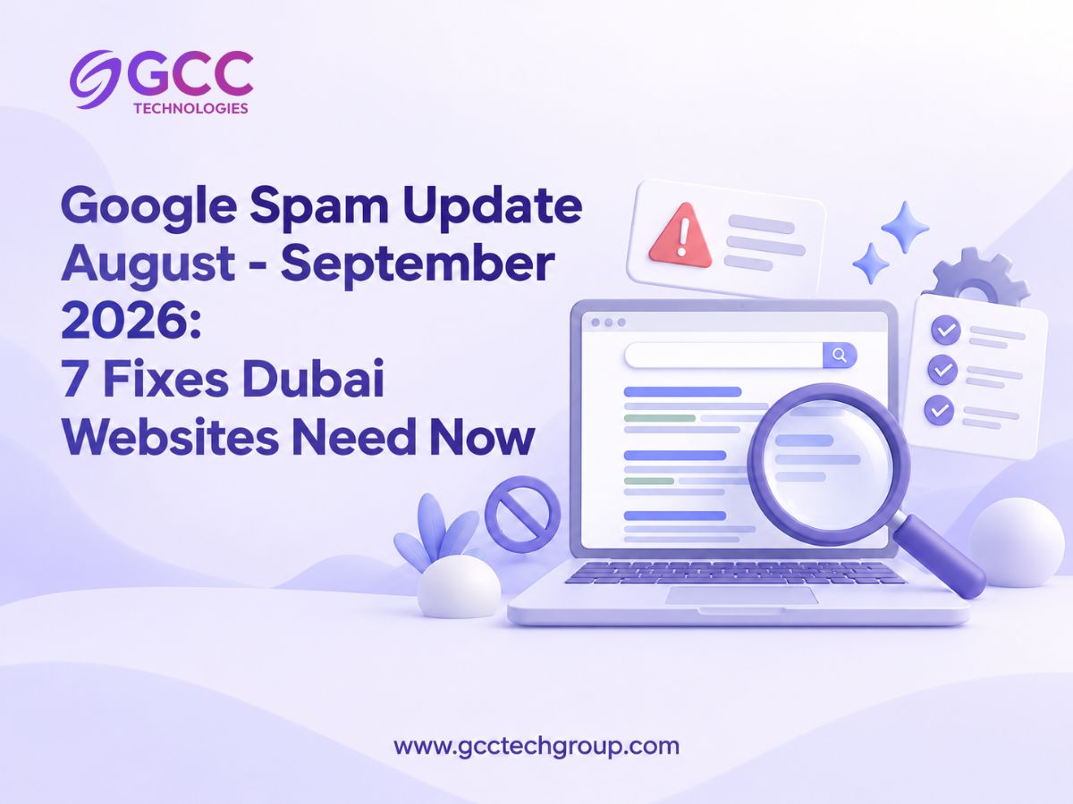 Infographic titled “Google Spam Update – August–September 2026,” with a magnifying glass and search interface illustration.
