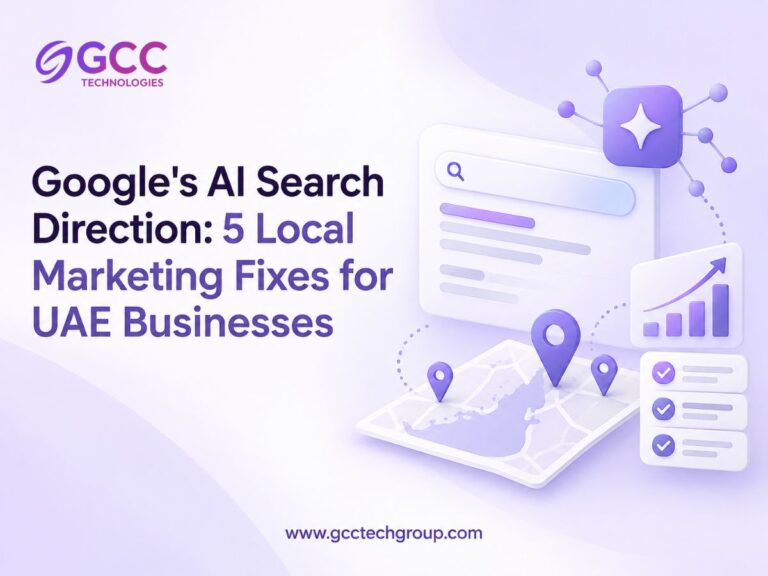 Infographic titled “Google’s AI Search Direction: 5 Local Marketing Fixes for UAE Businesses,” illustrated with search and location icons.