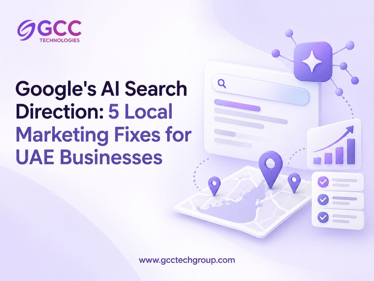 Infographic titled “Google’s AI Search Direction: 5 Local Marketing Fixes for UAE Businesses,” illustrated with search and location icons.