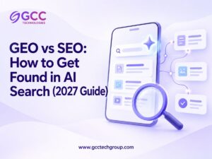 Infographic titled “GEO vs SEO: How to Get Found in AI Search (2026 Guide),” with a magnifying glass and search interface graphics.