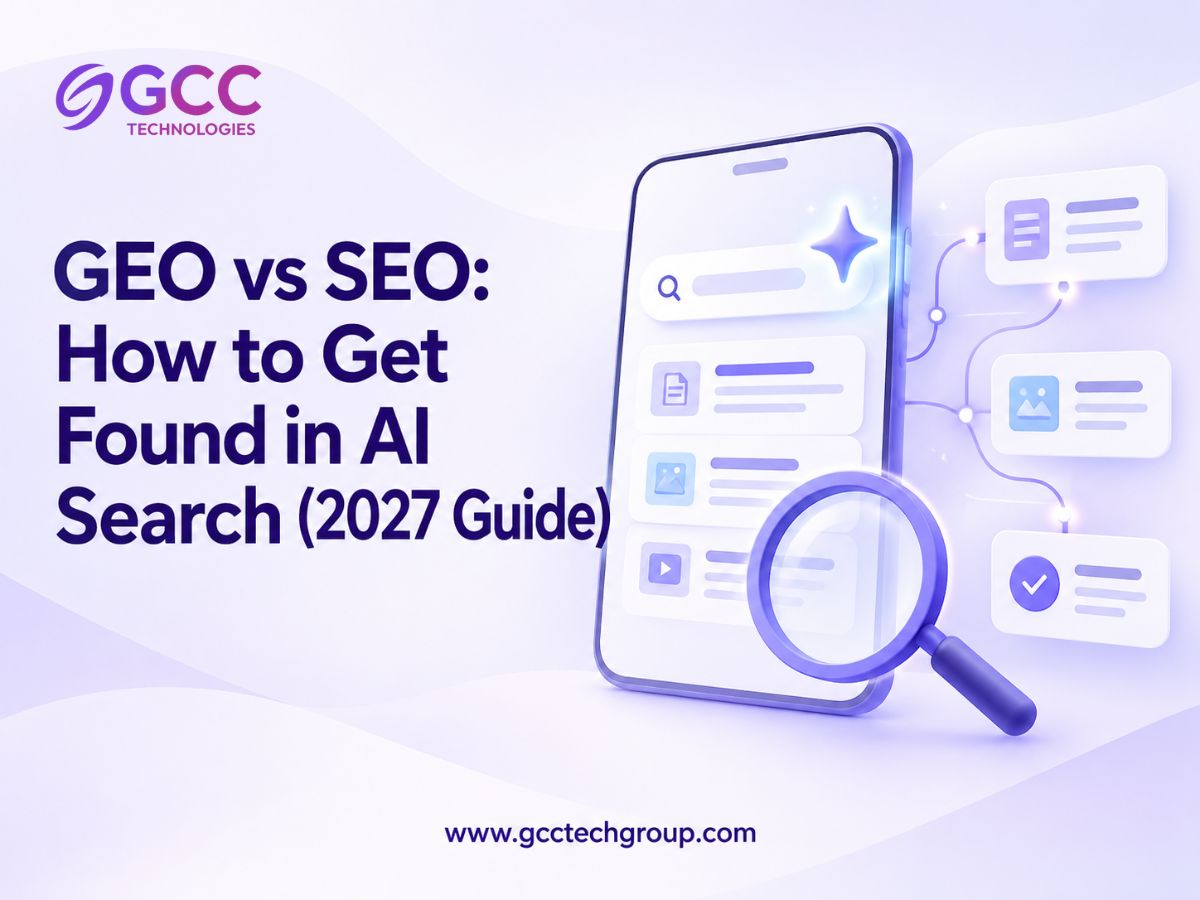 Infographic titled “GEO vs SEO: How to Get Found in AI Search (2026 Guide),” with a magnifying glass and search interface graphics.